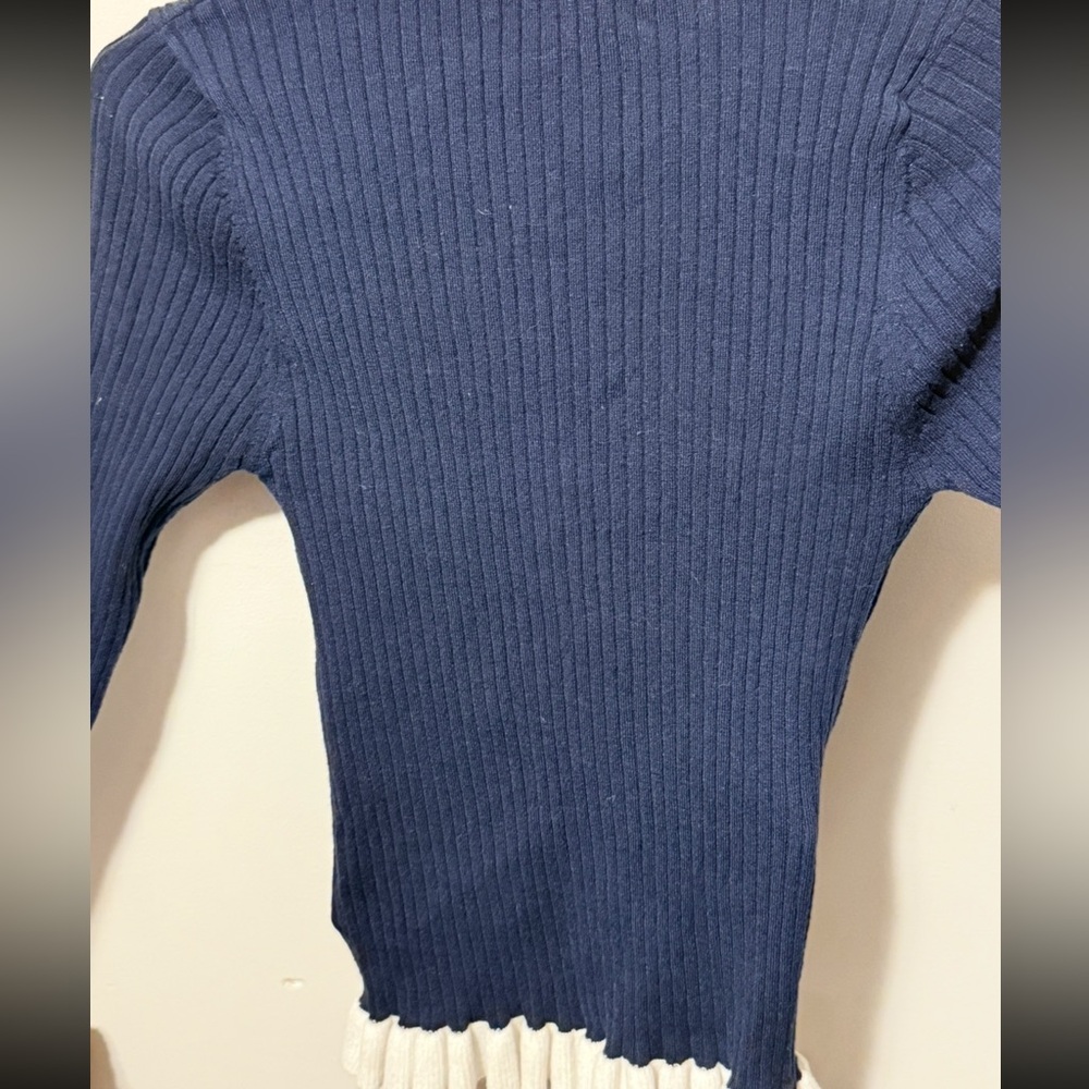 Navy Ribbed Cardigan w Cream Ruffle Trim - Picture 2 of 5